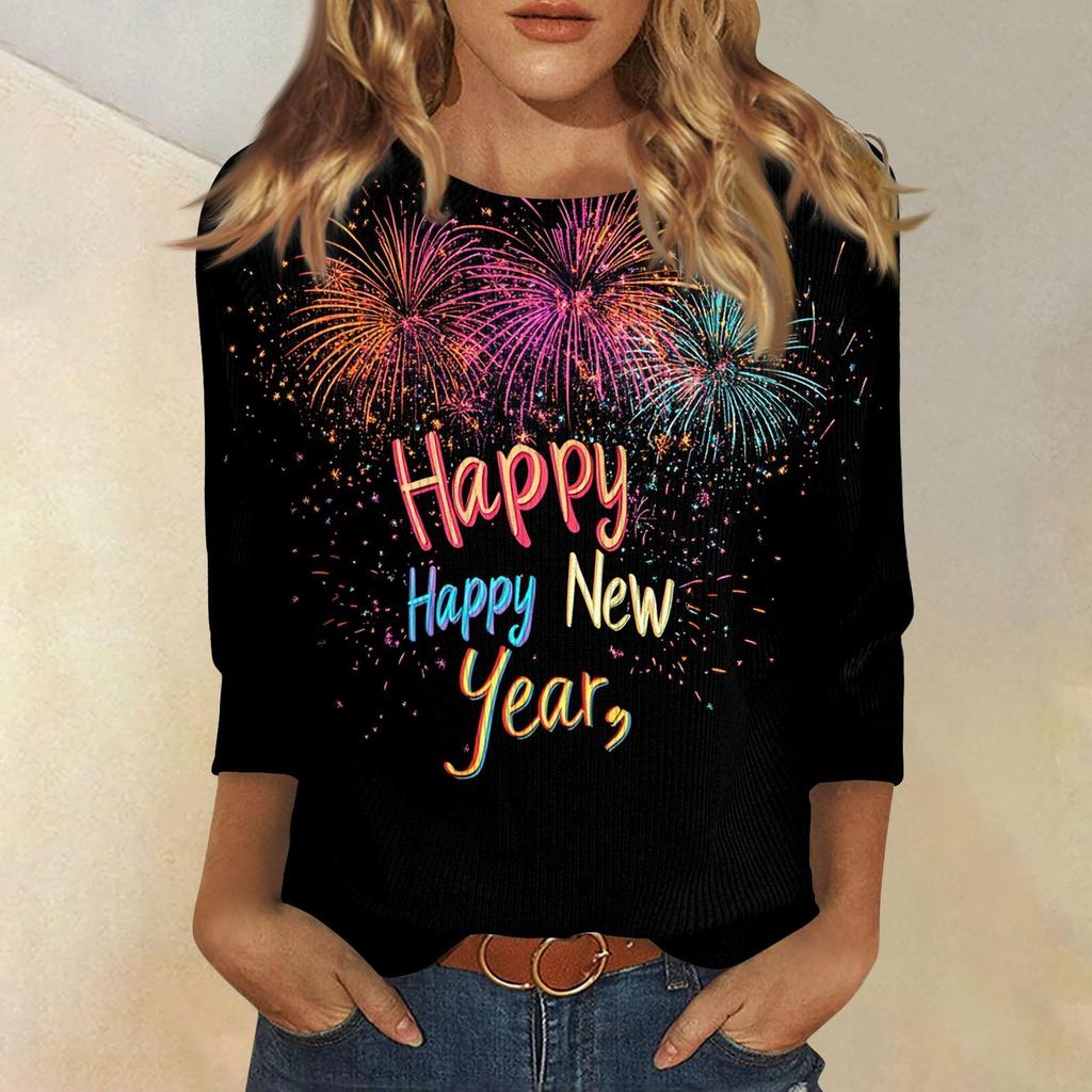 Christmas-themed Women's New Year Printed Round Neck Long-sleeved T-shirt, Festive Black and White Casual Loose Top