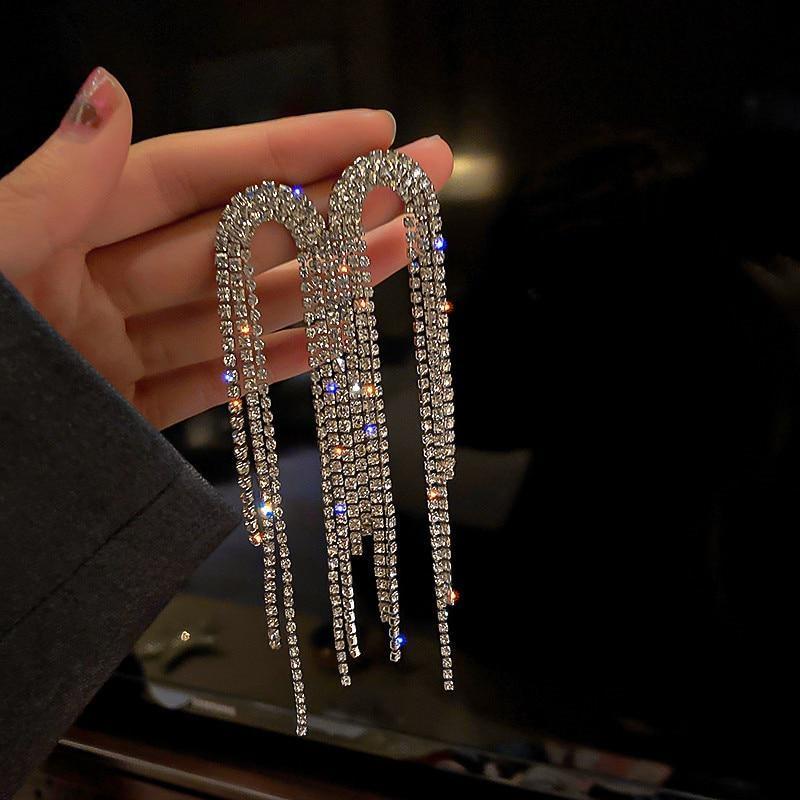 

Модные длинные серьги с кисточками и кристаллами для женщин, геометрические серьги со стразами, эффектные ювелирные изделия, подарки