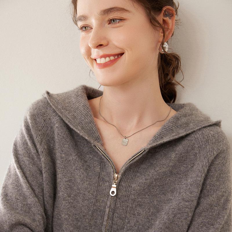 Women's Thickened Cashmere Hooded Cardigan Sweater - Loose Knit Zip-Up for Autumn and Winter