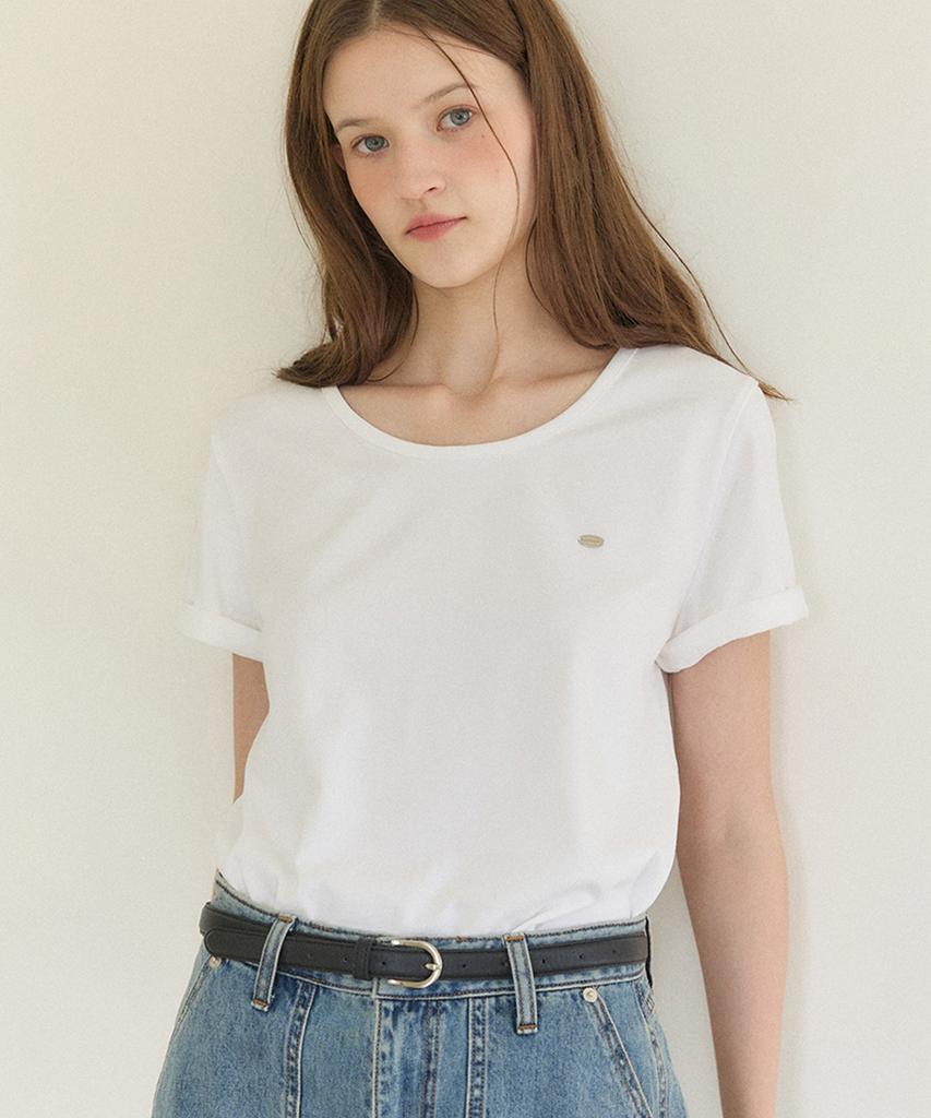 OURHOPE Logo Silky U-Neck T-Shirt - White