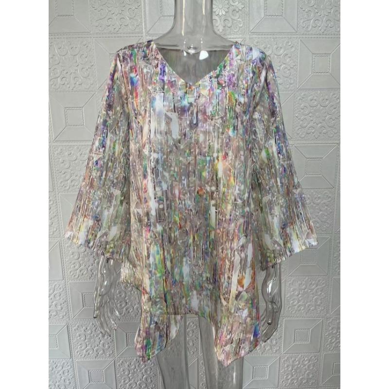 Spring Summer V-neck Printing Fashion Women Blouse New Casual Loose Irregular Top T-shirt Large Size Simple Elegant Office Shirt Women's Clothing