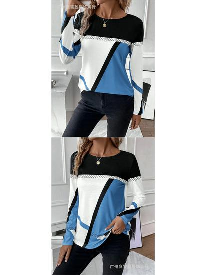 New Arrival Women's Pullover Round Neck Geometric Print Color Block T-shirt