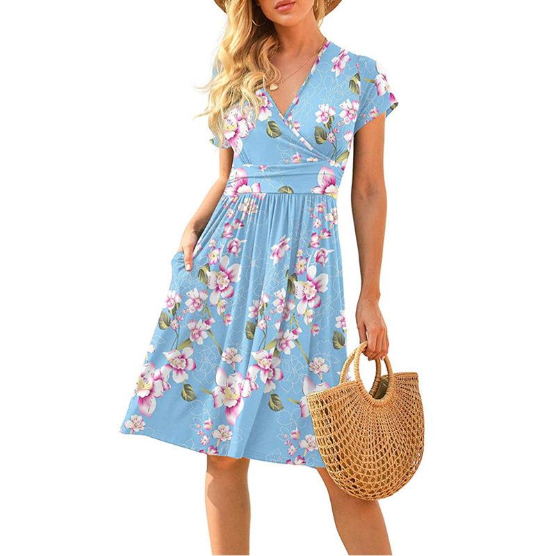 Fashionable New Women's Dress, V-neck Short-sleeved Printed Pockets, Elegant and Versatile