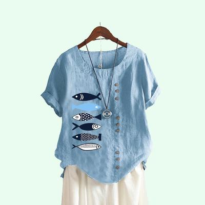 Damesmode Vissenprint Top met korte mouwen Zomer Casual Ronde hals Katoen Linnen T-shirt Trui Losse blouses