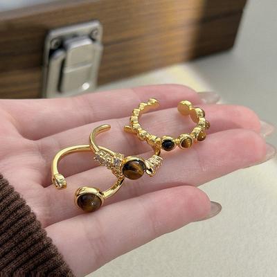 Medieval Vintage Light Luxury Niche Design Imitation Tiger'S Eye Diamond Zir*****Pen Ring Geometric Stacking Ring