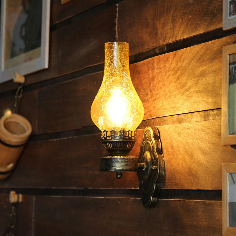 Rustic Glass Shade Wall Sconce, Antique Kerosene Lamp Metal Wall Light Bedside Lamp
