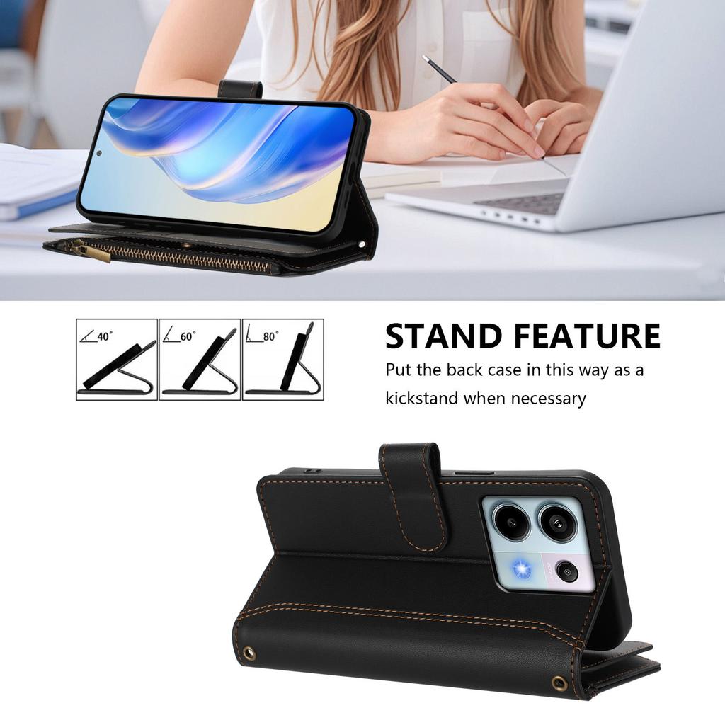 Do Xiaomi Poco X6 5G/Xiaomi Redmi Note 13 Pro 5G Skórzane Etui 9 Miejsc na Karty Portfel na Zamek Błyskawiczny Podstawka Pokrowiec na Telefon z Paskiem na Nadgarstek