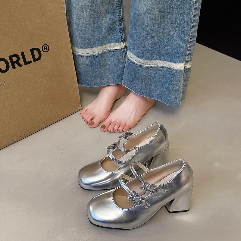Silver Rhinestone Daughter Mary Jane Shoes High Heels Women's 2025 New Temperament Beautiful Thick Heel Light Mouth Single Shoes