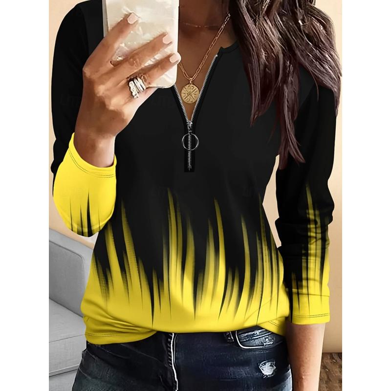 Women's T Shirt Ombre Graphic Vintage Fashion Stylish Long Sleeve Crew Neck Regular Tops Daily Zipper Print Yellow Blue