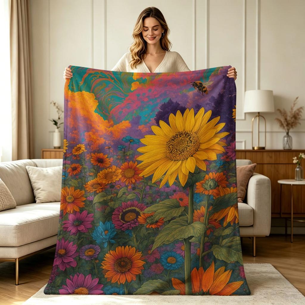 All Season Soft Flannel Fleece Blanket with Psychedelic Sunflower Wildflower Garden And Bee Print Warm Cozy Lightweight Throw Blanket for Couch Sofa B