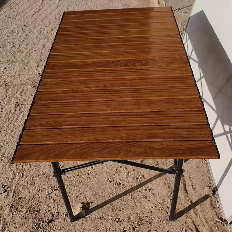 1.2m Walnut Round Folding Camping Table - Carbon Steel, Roll-Up, Portable BBQ Table