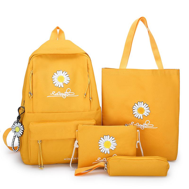 School Opening Must Have Small Daisy Printed Backpack Large Capacity Student Canvas Book Bag Korean Version Girl Four-piece Knapsack Set