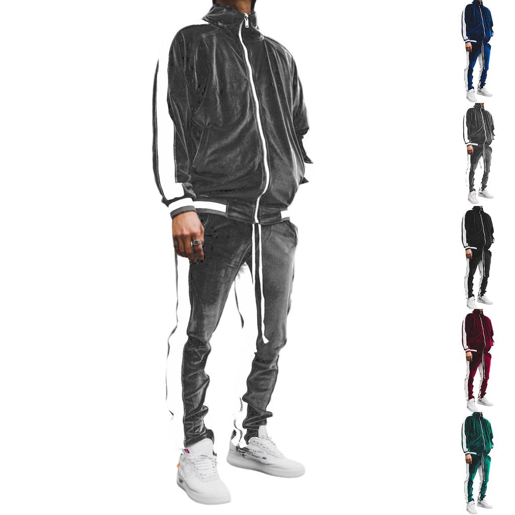 Men Leisure Splicing Knitting Zipper Cardigan Sweater Set