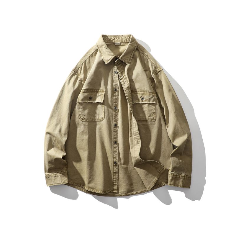 Ameijaji American Retro Heavy Cotton Washed Work Shirt Men s Spring and Autumn Jacket Foreign Trade Men s Shirt Kakh M
