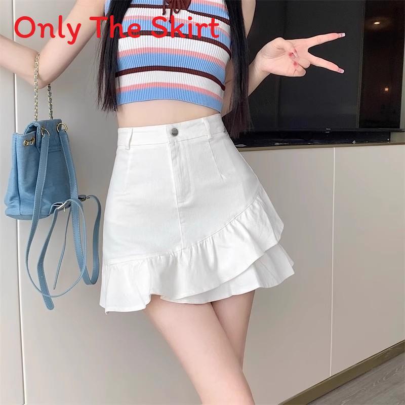 Denim Skirt Women High Waist A Line Fall Casual Slim Fit With Ruffle Hem For Pear Shaped Body