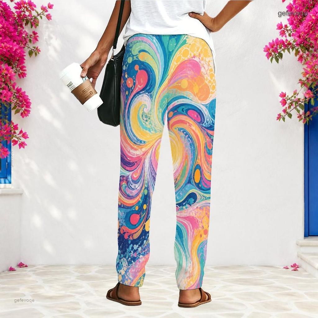 Women S Plus Size Loose Fit Printed Long Pants Black Pink Gradient With Pockets