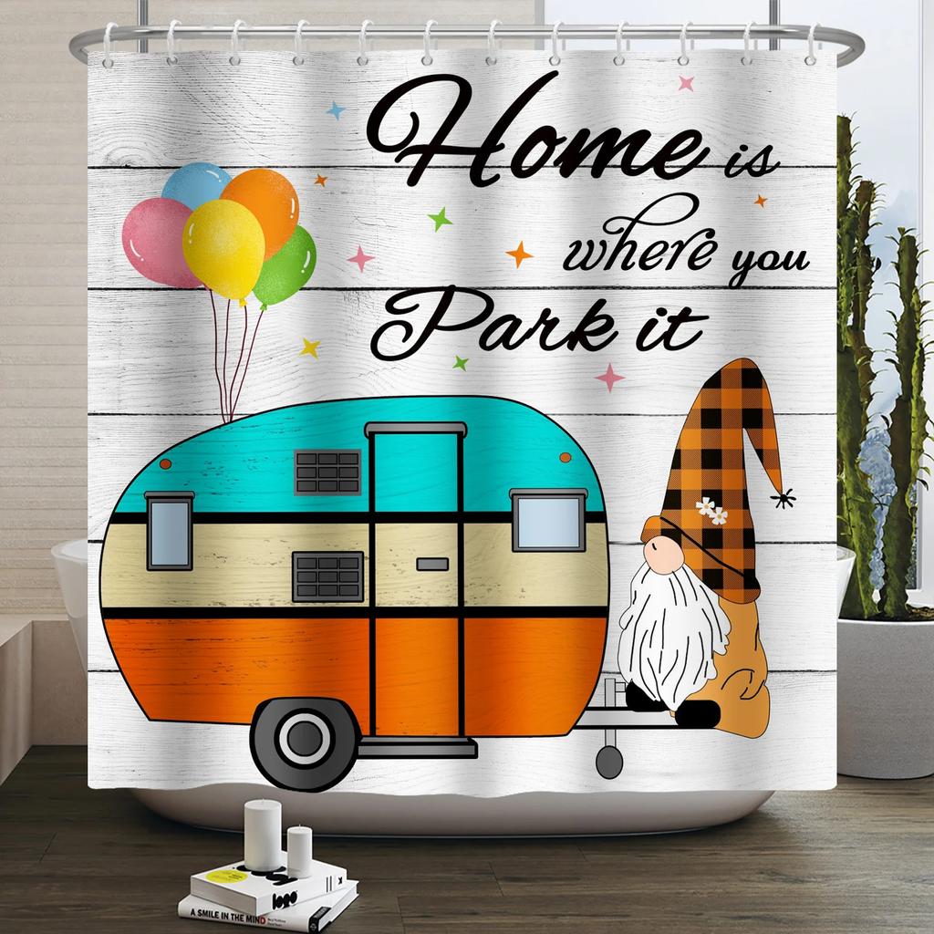Camper Shower Curtain Happy Camper Trailer Car Rv Forest Mountain Tent Camping Bathroom Shower Curtain Waterproof Bath Curtain