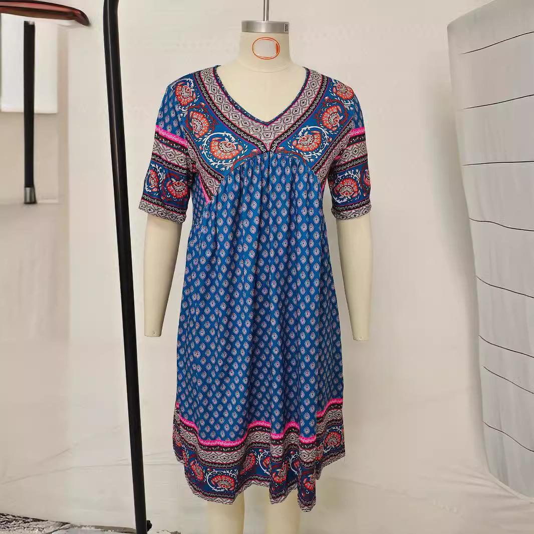 

Летнее женское платье с коротким рукавом и принтом в этническом стиле, повседневные платья 2XL павлин голубой