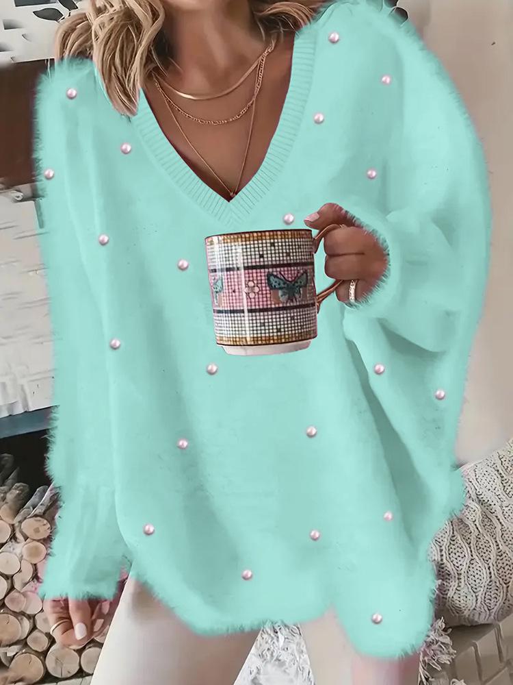 2025 A/W V-Neck Beaded Solid Color Sweater for Women