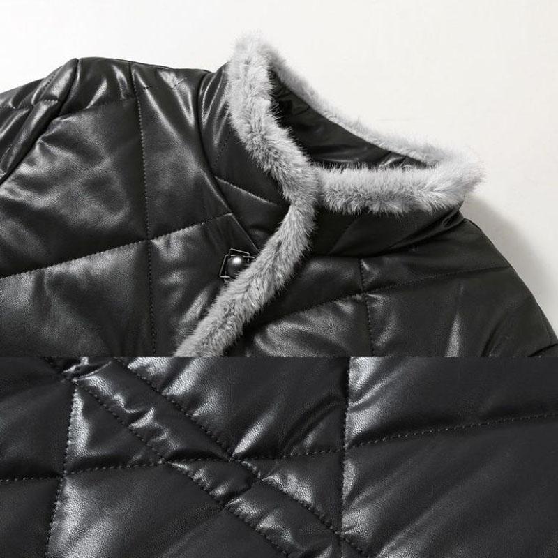 Winter Women's Thickened  Padded Jacket Stand Collar Slim Fit Padded PU Leather Coat
