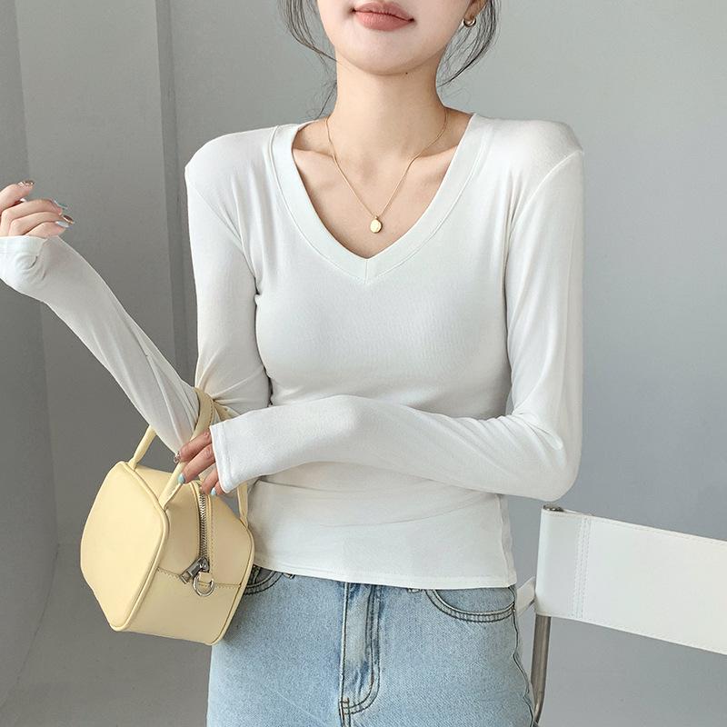 Love Collar Base Shirt Inner and Outer Design Top White Long Sleeved T-shirt with Front Shoulder V-neck