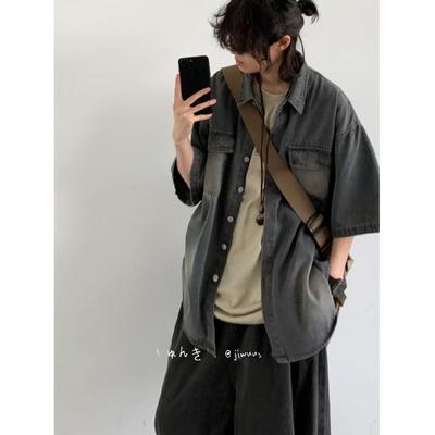 Retro Denim Workwear Kurzarmhemd, Sommermodemarke für Herren und Damen, japanischer Retro-Halbarmtrend, cooles und lockeres Hemd