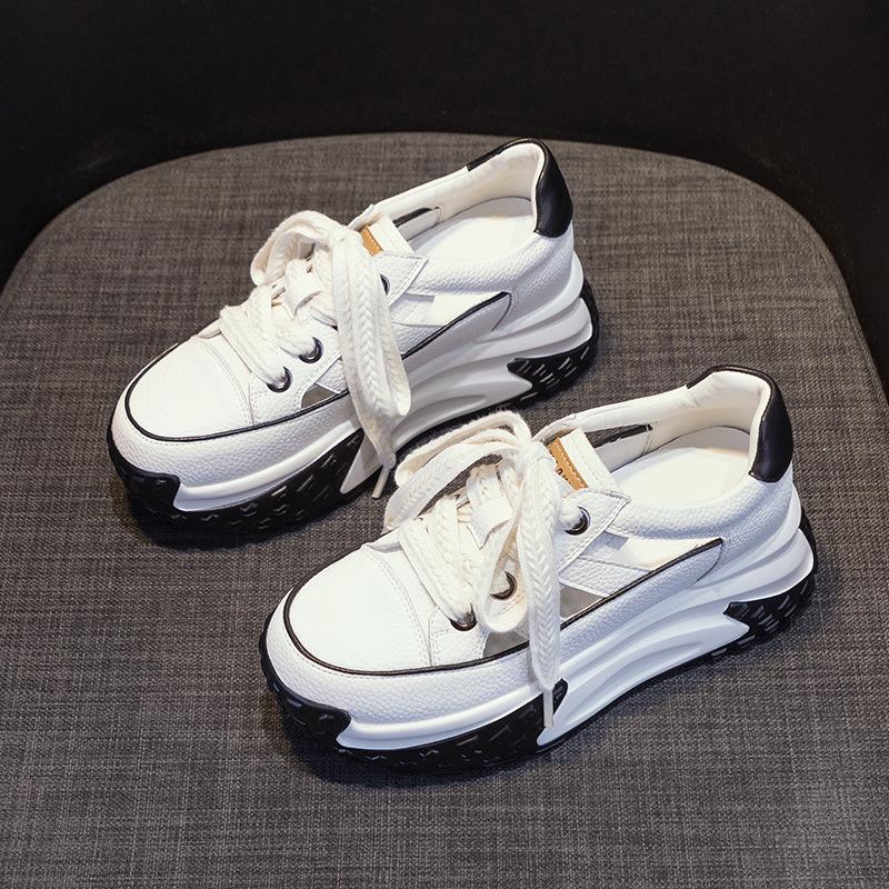 Daddy Shoes Leather Surface Hollow Women 2025 Summer New Retro Lightweight Inner Height Increase Casual Sports Shoes Platform Sandals