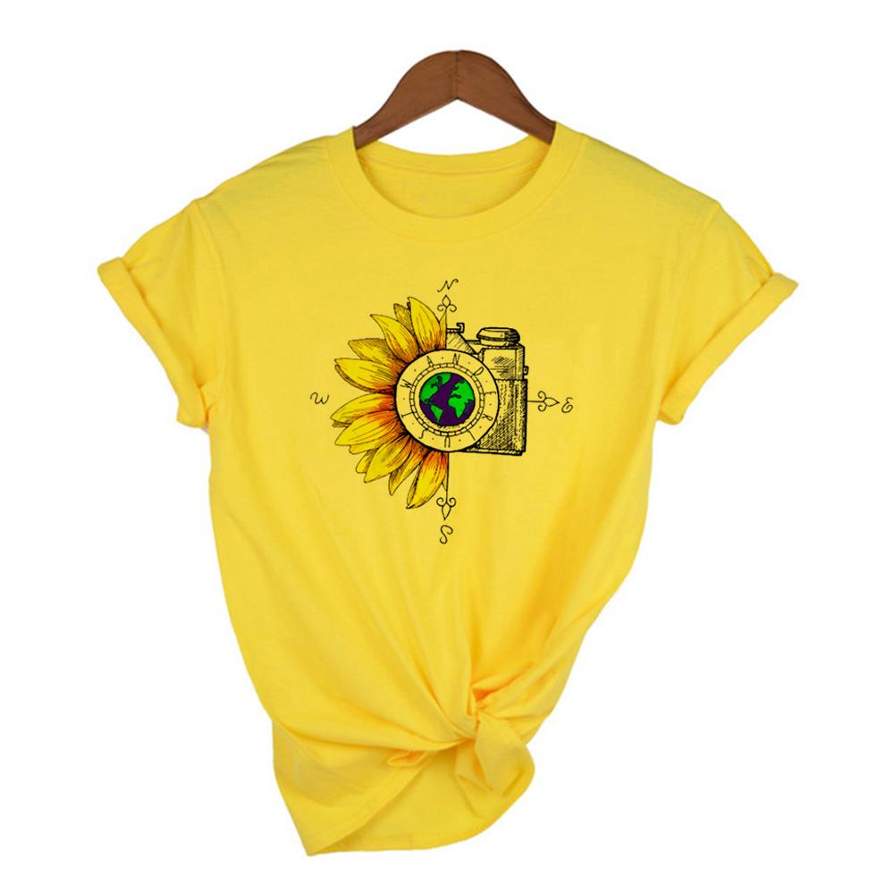 Women Graphic Sunflower T Shirt Watercolor Female Print Vintage World Compass Camera Flower Ladies Camisas Mujer