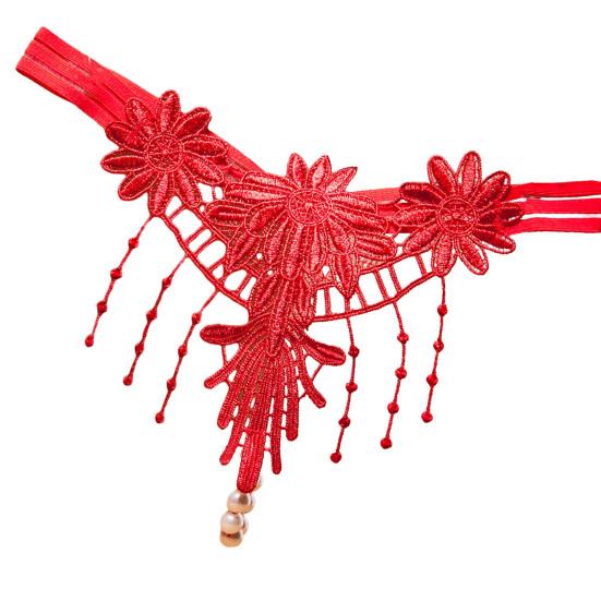 Women G-string Flower Embroidery Tassel Solid Color Hollow Out Faux Pearl Decor Spaghetti