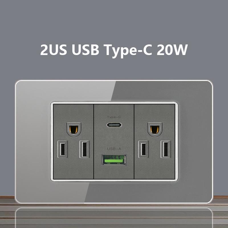 Italy Chile Socket with USB Smart Type-c 20W Fast Charging Glass Wall Electric Light Switch,Thai US Brazil Dual USB Power Socket