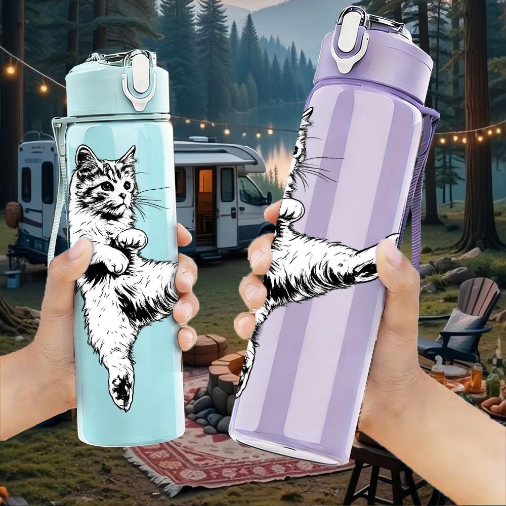 1PC Cat Kicking Soccer Line Art Print 750ml Color Plastic Sports Water Bottle Leakproof Flip Straw Lid Suitable for Sports Office Home Use