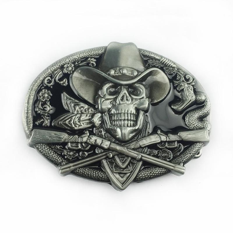 Men s Extra Large Western Cowboy Skull Belt Buckle, Zinc Alloy, Retro Style, Blue Plate