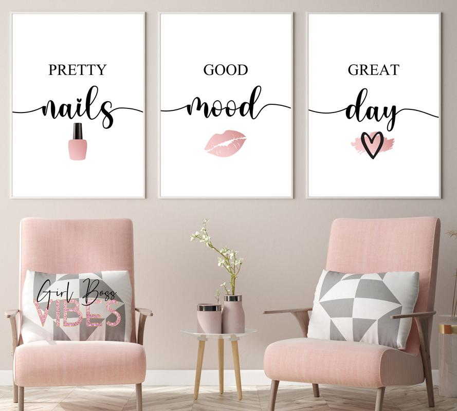 Nordic Pink Woman Red Lip Nails Polish Quotes MakeUp Posters Canvas Painting Wall Art Pictures For Beauty Salon Room Decor