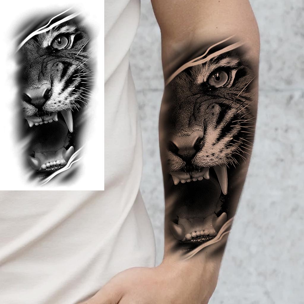 1 Sheet Lion Wolf Skeleton Nun Tiger Black Temporary Tattoos For Men Adult Leg Arm Compass Flower Fake Tattoo Sticker Waterproof