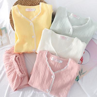 Autumn and Winter Women's Pajamas 2-Piece Set 100% Crepe Cotton Ladies Lace-Trimmed Sleepwear Pajamas Long-Sleeved Trousers Set