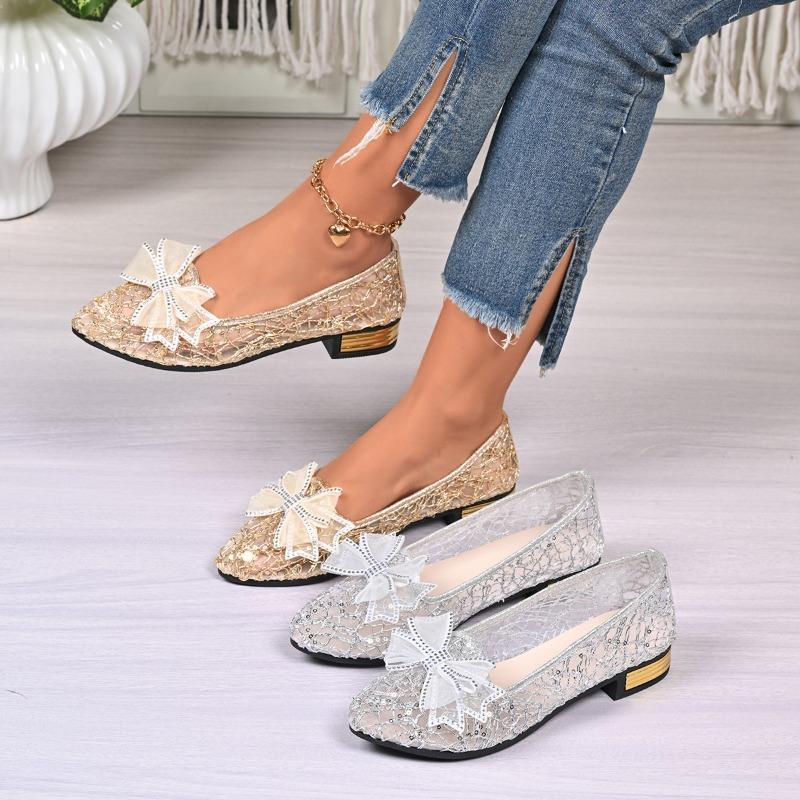 Sequin Cloth Block Heel Single Shoes Fashion Pointed Toe Shallow Mouth Bow Slip-on Soft Slip Low Heel Shoes
