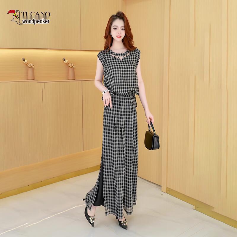 Women s Plaid Sleeveless Top & Wide-Leg Pants Set L