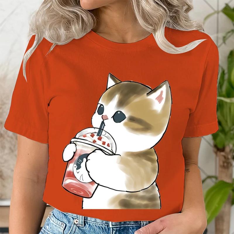 Women Boba Tea Cat Print Casual Clothes Tee Tshirt Fashion Female Tops Mujer Camisetas Ladies Anime Cartoon Graphic TShirt Tops