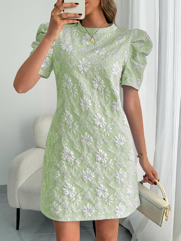 Women's Casual Puff Sleeve Jacquard Dress