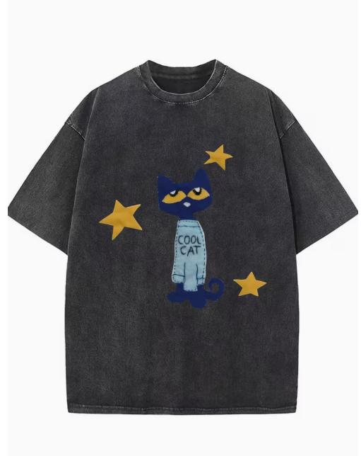 Retro Distressed TShirt Sun Moon Cool Cat Print Vintage Cotton Casual Oversized Tee S
