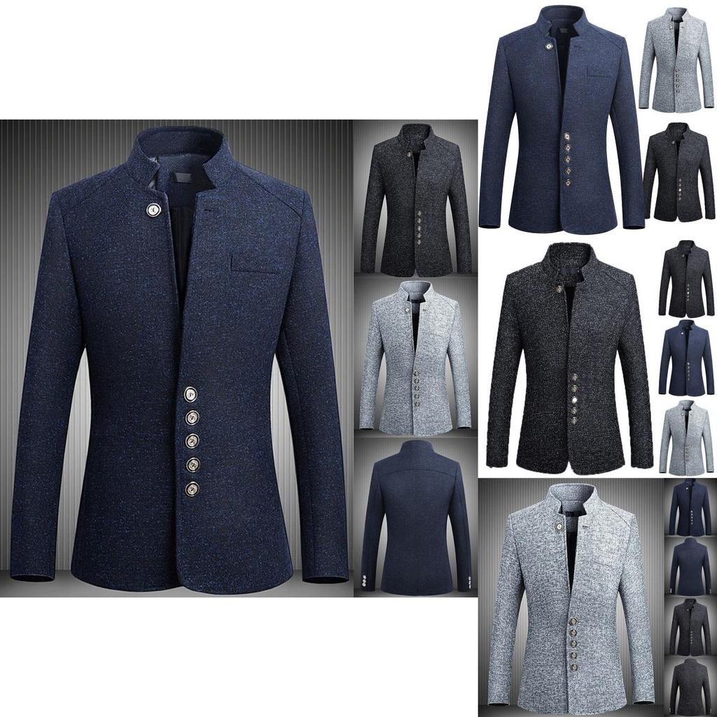 Stylish Mens Single Breasted Stand Collar Jacket Casual Business Tunic Suit Coat
