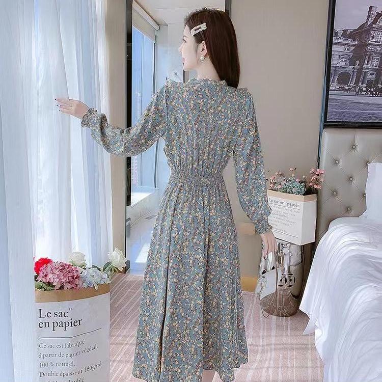 Beautiful Fashion Spring Autumn Women Long Sleeve Dress Retro Collar Casual Slim Dresses Floral Printing Chiffon Sexy