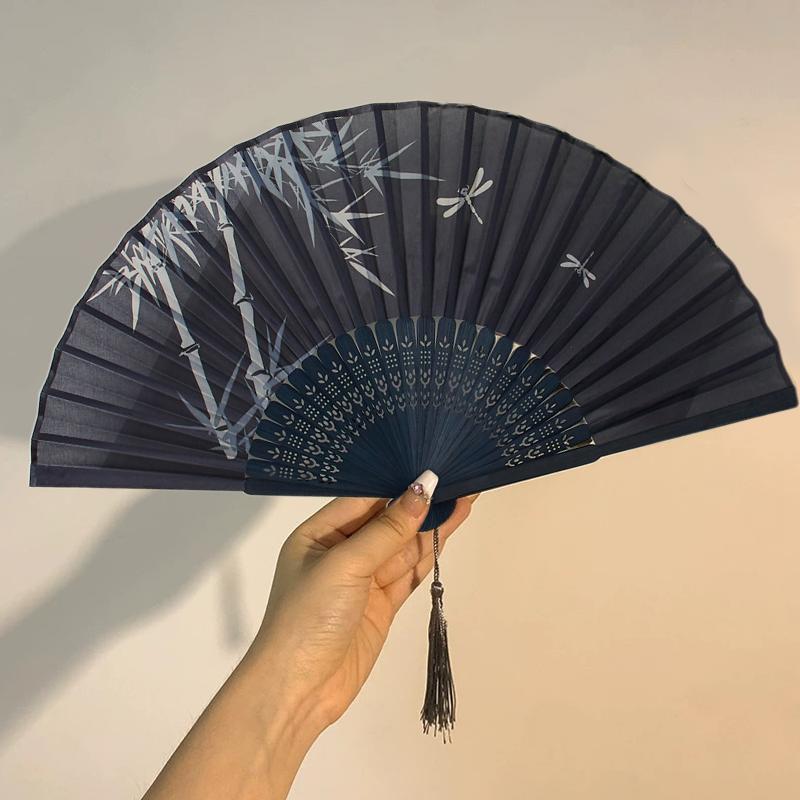 Chinese Style Bamboo Tassels Ink Wash Pattern Dance Party Show Silk Cloth Ornament Folding Fan Hanfu 9 Colors