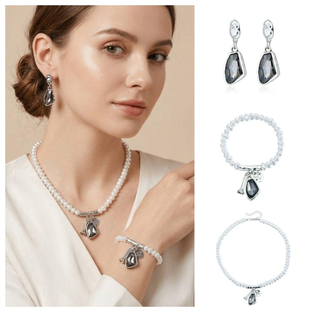 Irregular Rhinestone Necklace Dark Grey Women Jewelry Vintage Earrings Bracelet Party