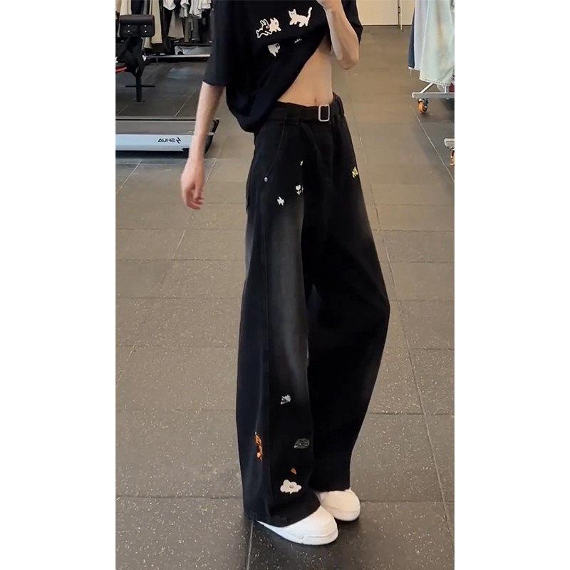 Cartoon embroidery black scimitar jeans men's and women's American vibe old-fashioned lifting gear washed straight micro-pull pants