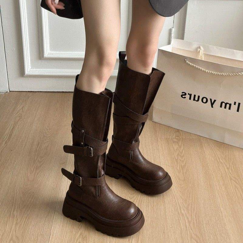 Versatile retro belt buckle 2025 boots autumn new small thick-soled heightening knight boots long boots women