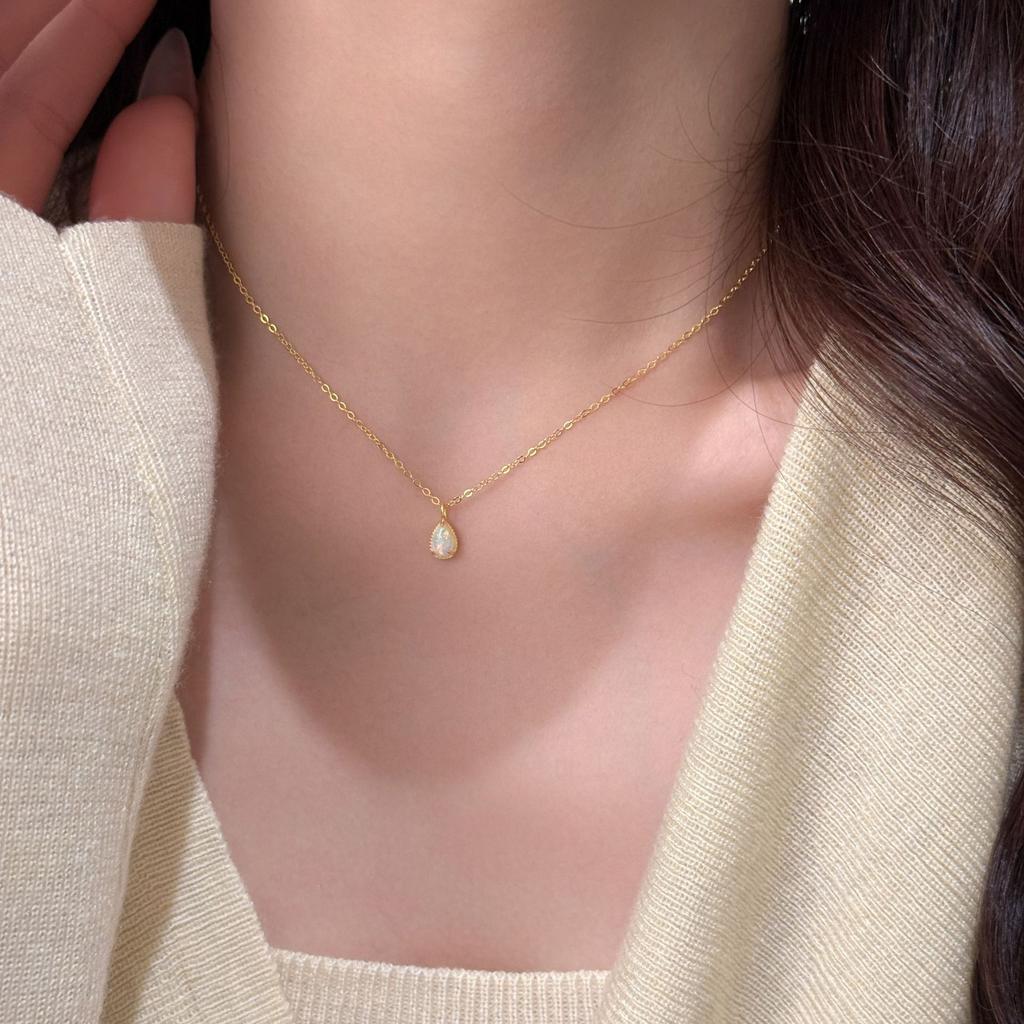 925 Sterling Silver 18K Gold Plated Imitate Opal Pendant Necklace for Women, Hypoallergenic Dainty Opal Necklace