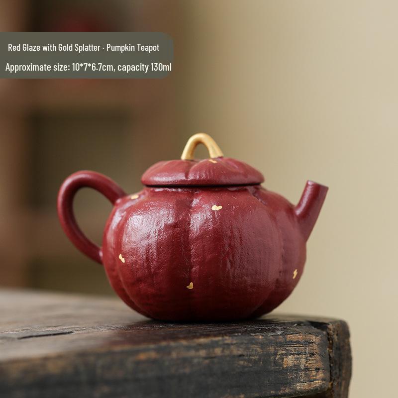 Red Glaze Gold-Dotted Pumpkin Ceramic Teapot - Traditional Handmade Chinese Gongfu Tea Set