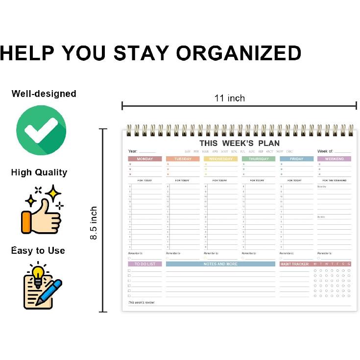 Undated Weekly Planner - 8.5" x 11" Undated Daily Productive Weekly To Do List Notepad for Home, Work, School, Projects, 52 Weeks, Clean Colorful