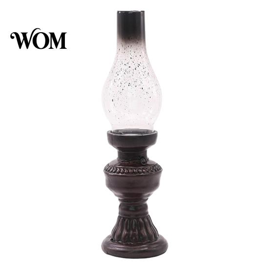 Old-fashioned Candle Lamp Miniature Kerosene Resin Holder, Retro Oil Figurine with Smoked Model Glass Shade & Carved Base, Tabletop Decor for